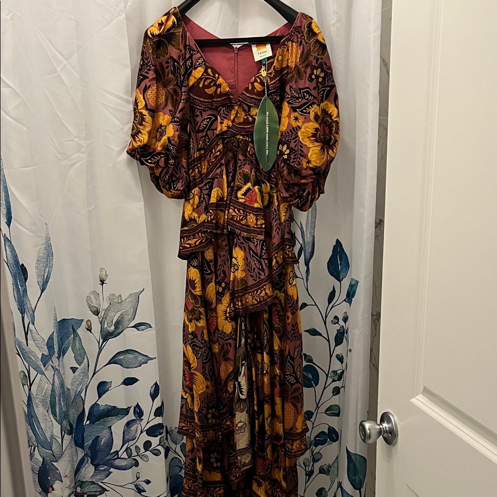 FARM Rio midi/axi Dress in Rich Burgundy and rusty orange